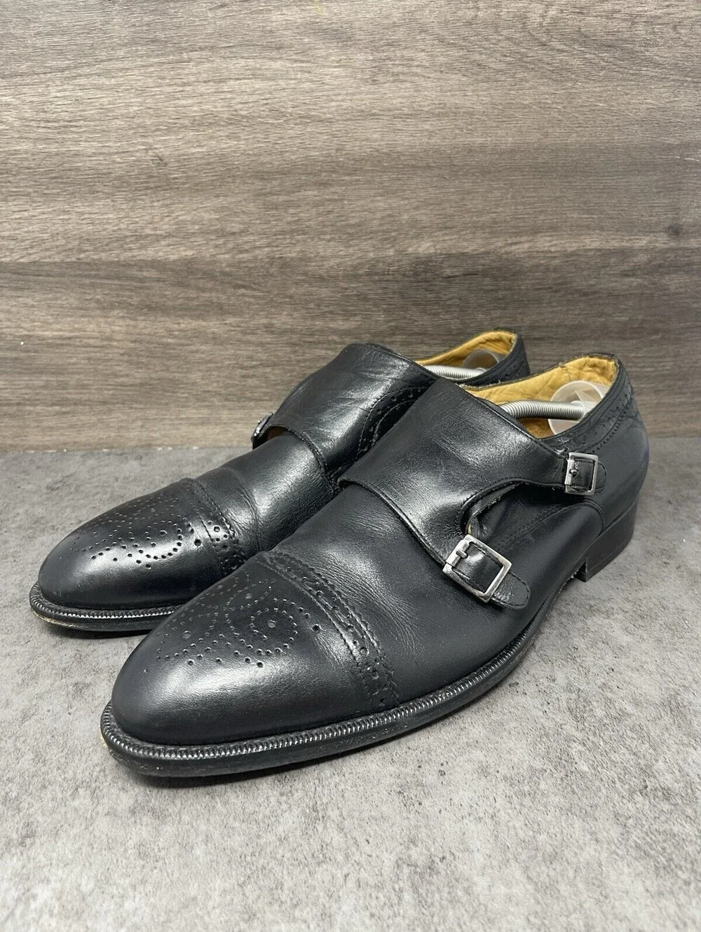 Vince Camuto Black Leather Double Monk Strap Size 11.5 Mens Cap Toe Dress Shoes